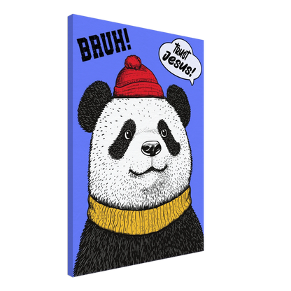 A canvas wall art featuring a cartoon illustration of a panda with a red beanie hat, a yellow scarf, and a speech bubble saying 'Trust Jesus'. The background is blue.