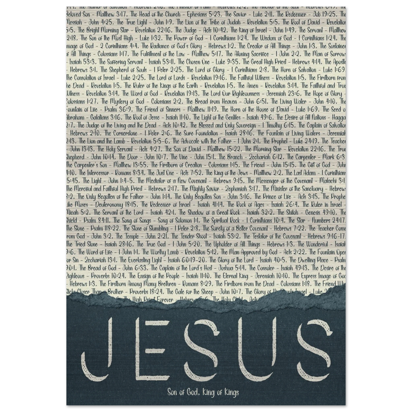 A brushed aluminum metal print with the word 'JESUS' in large letters, followed by a list of scriptural titles.