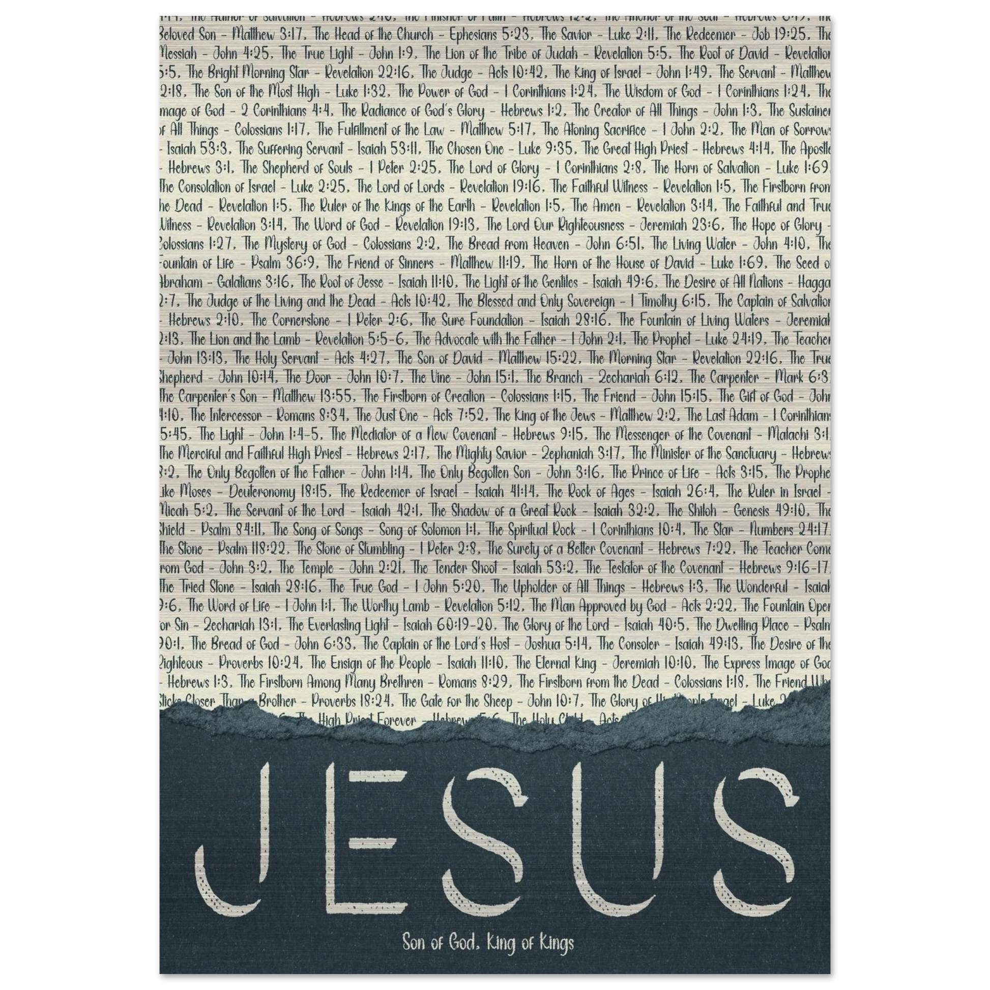A brushed aluminum metal print with the word 'JESUS' in large letters, followed by a list of scriptural titles.