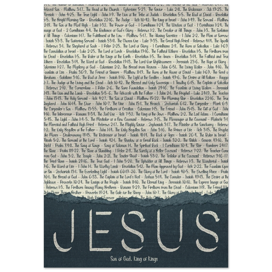 A brushed aluminum metal print with the word 'JESUS' in large letters, followed by a list of scriptural titles.