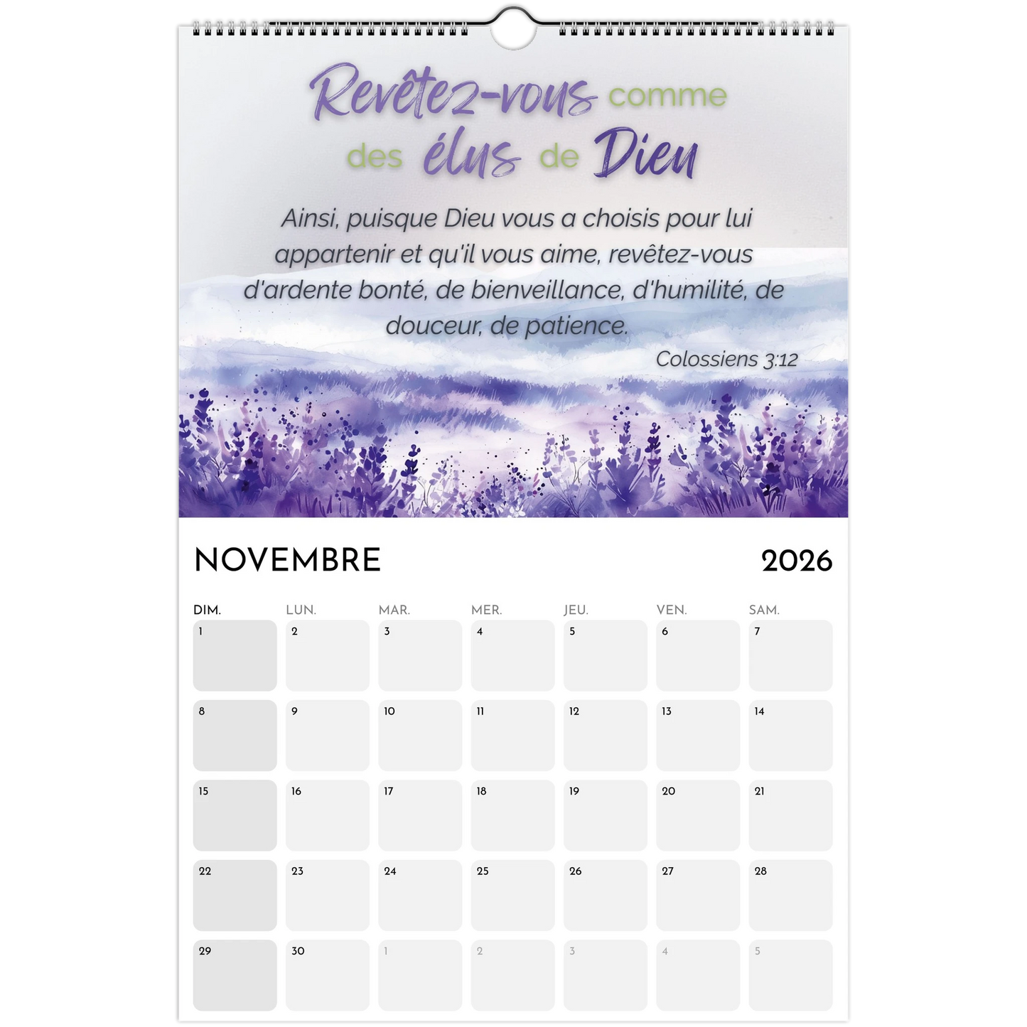 November 2026 calendar with lavender design and motivational text