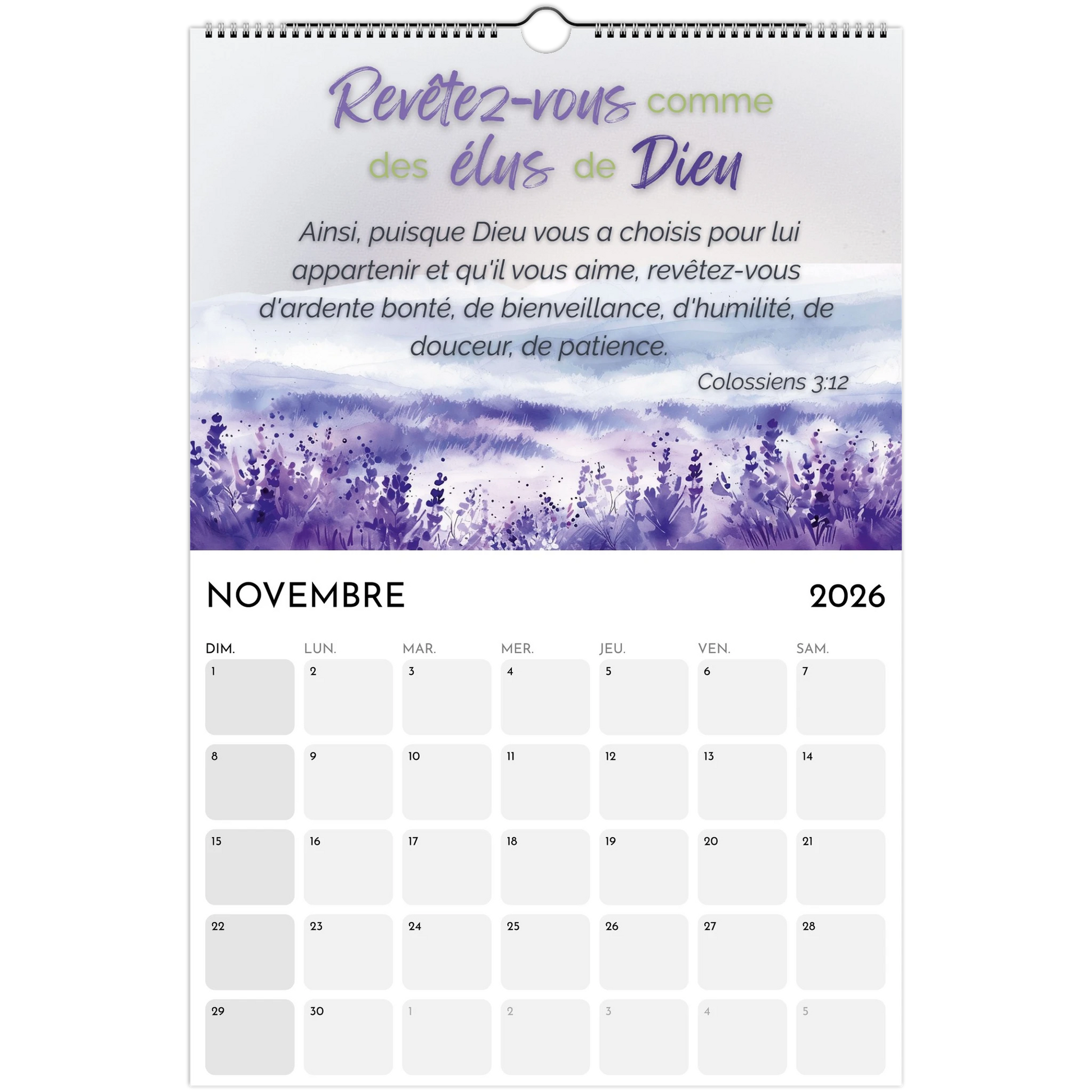 November 2026 calendar with lavender design and motivational text