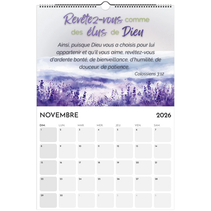 November 2026 calendar with lavender design and motivational text