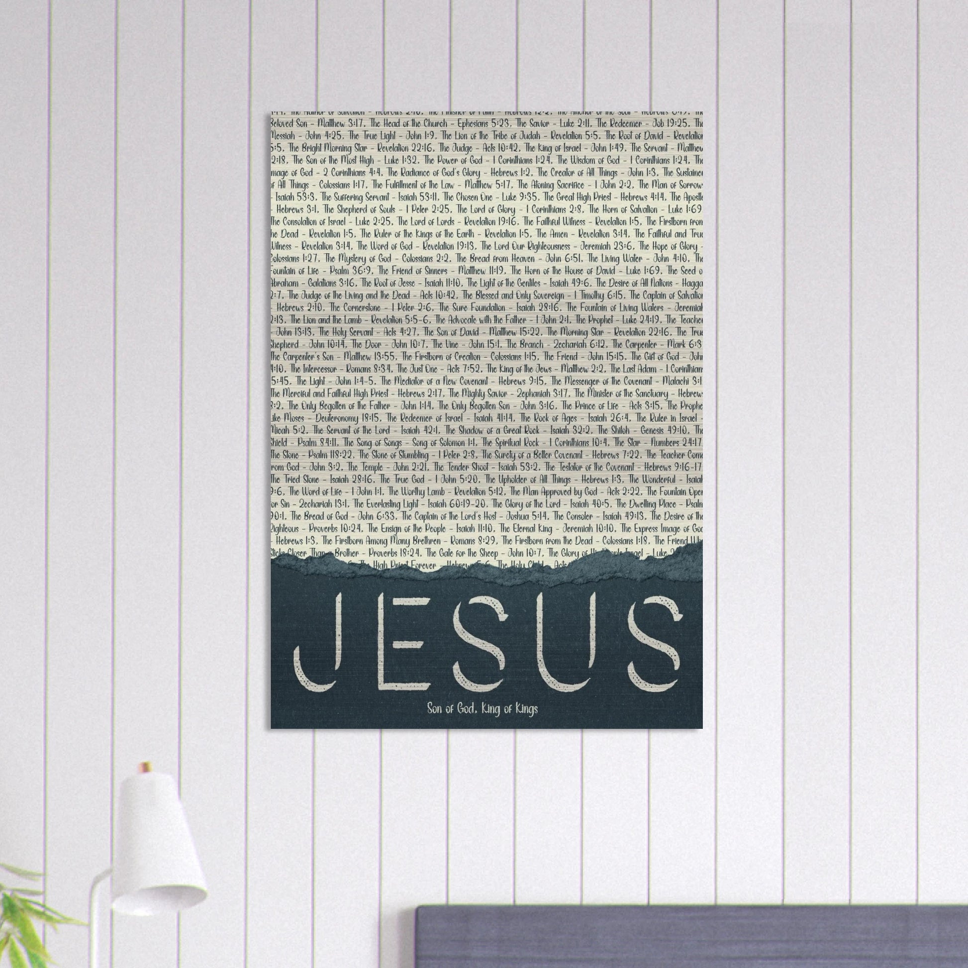 jesus brushed aluminum scripture wall art shown on a white shiplap wall in a bright room