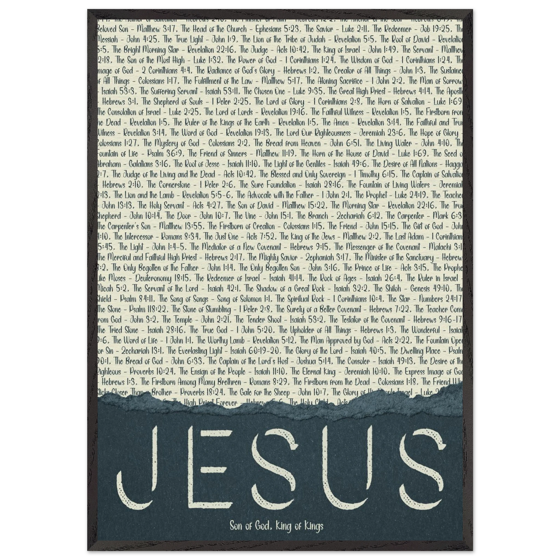 A framed wall art print with the word 'JESUS' in bold lettering, followed by a list of names and scriptures related to Jesus, against a white background 