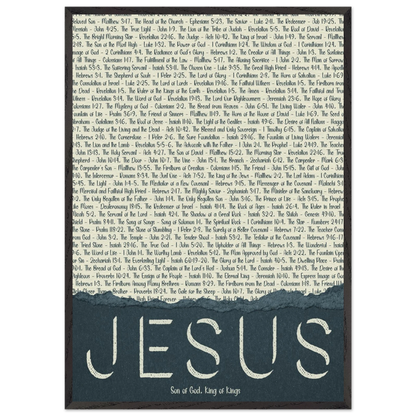 A framed wall art print with the word 'JESUS' in bold lettering, followed by a list of names and scriptures related to Jesus, against a white background 