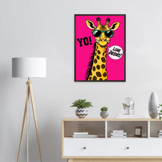 Christian wall art featuring a playful giraffe wearing sunglasses on a bright pink background with the message Love Jesus displayed in a bright modern minimalist room setting