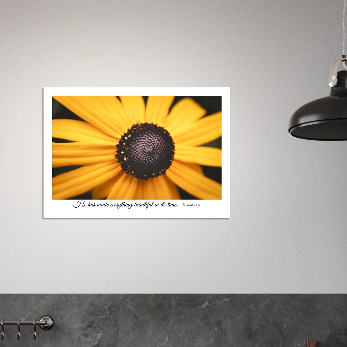 Christian sunflower wall art with Bible verse Ecclesiastes 3:11 He has made everything beautiful in its time displayed as a framed print in a modern minimalist interior