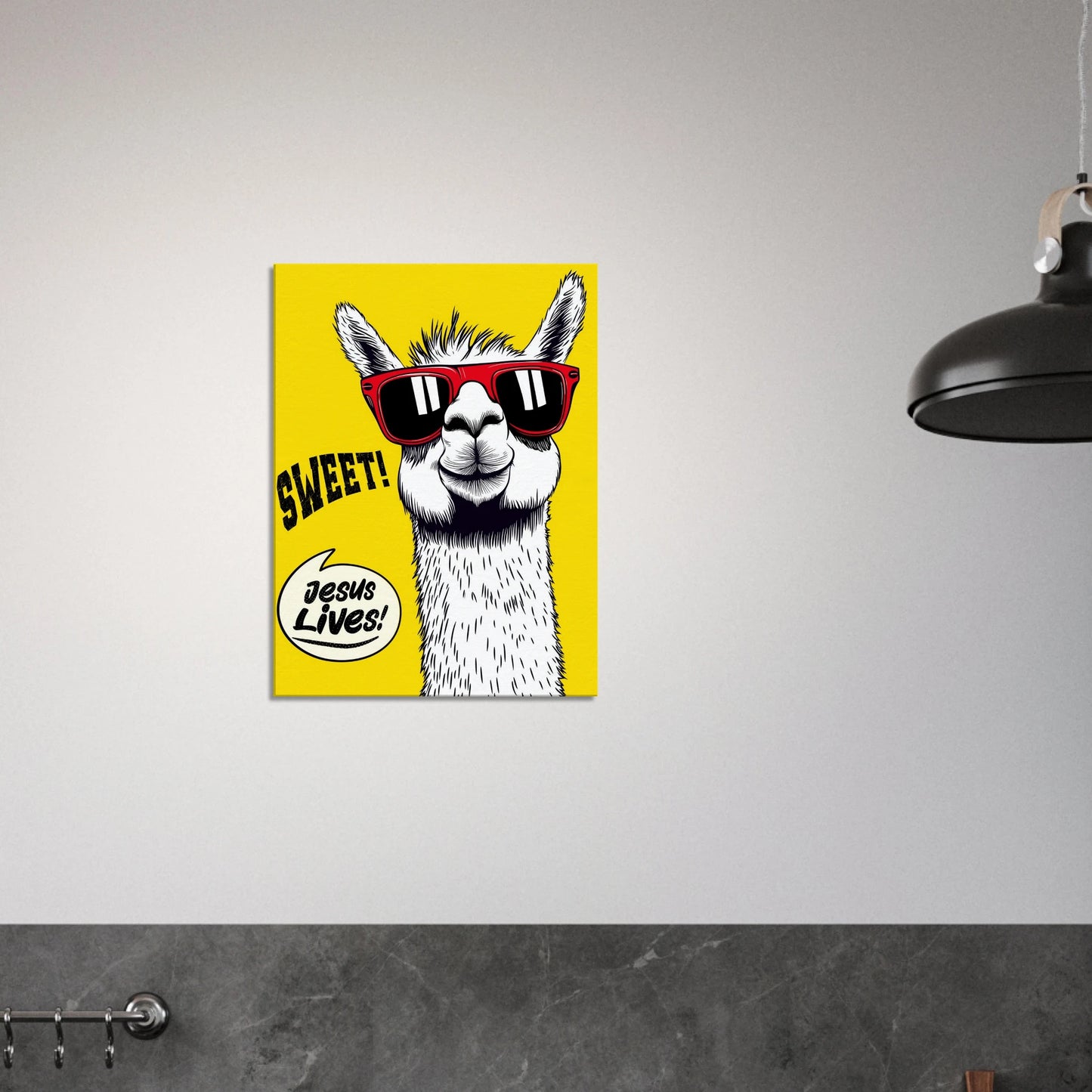 sweet jesus lives yellow llama christian poster displayed on a kitchen wall