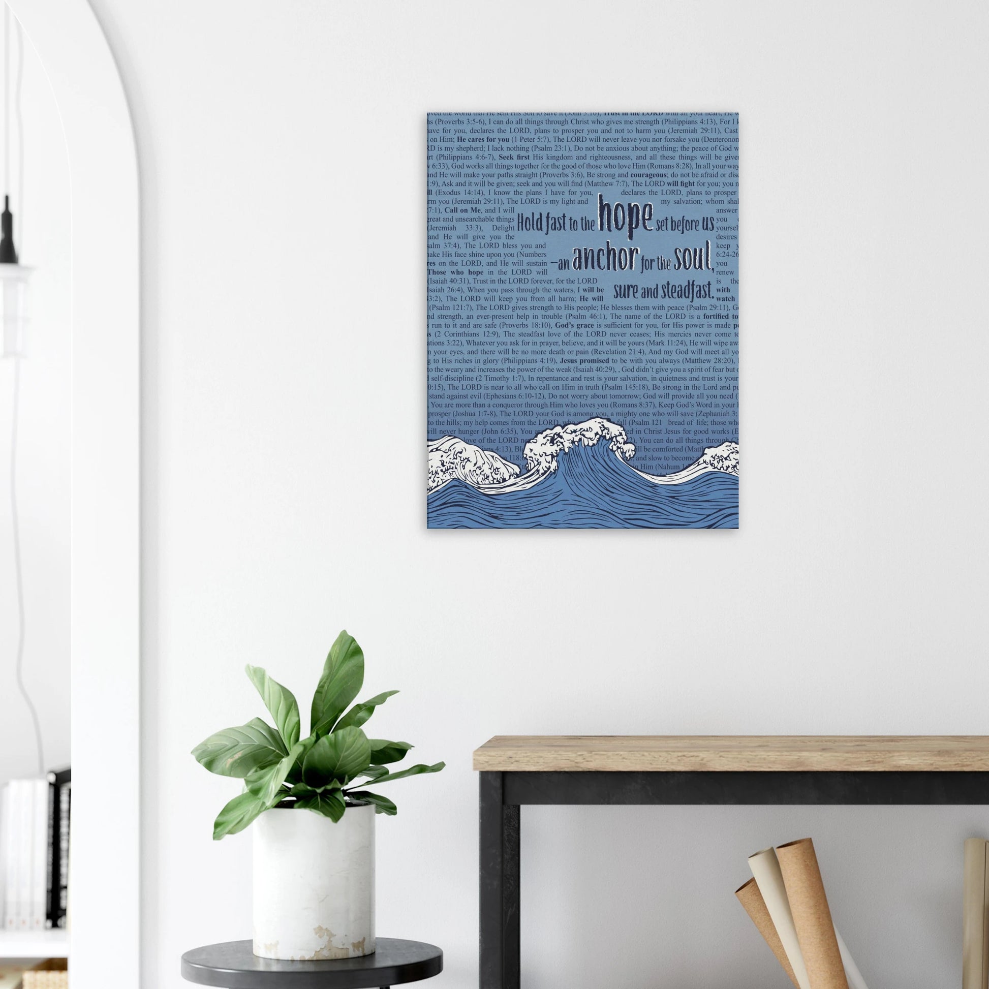anchor for the soul hebrews 6 19 christian wall art in blue with wave illustration displayed in a bright minimalist room with small plant decor