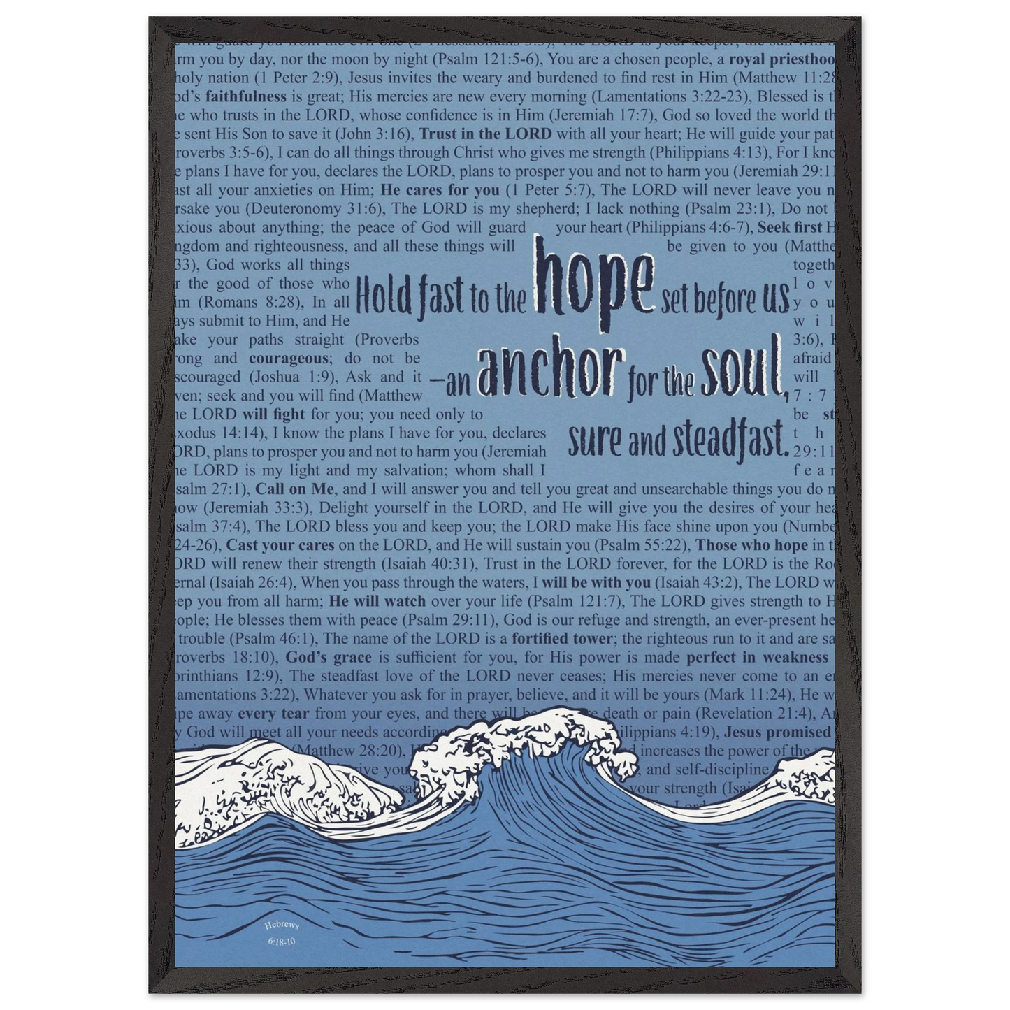 blue christian poster with bible verses in the background featuring a hand drawn wave illustration and the words hold fast to the hope set before us an anchor for the soul sure and steadfast hebrews 6 19