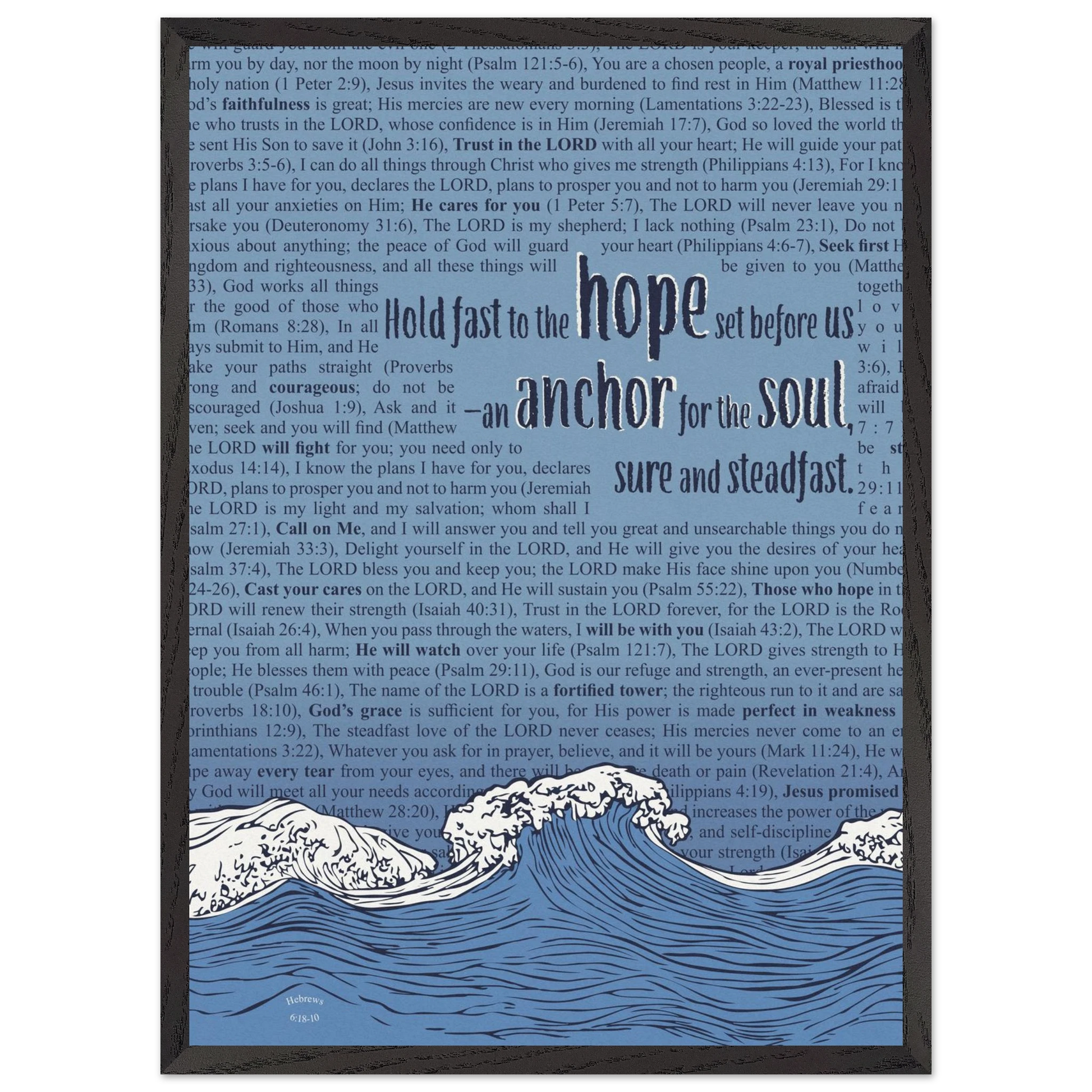 blue christian poster with bible verses in the background featuring a hand drawn wave illustration and the words hold fast to the hope set before us an anchor for the soul sure and steadfast hebrews 6 19