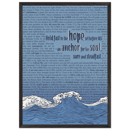 blue christian poster with bible verses in the background featuring a hand drawn wave illustration and the words hold fast to the hope set before us an anchor for the soul sure and steadfast hebrews 6 19