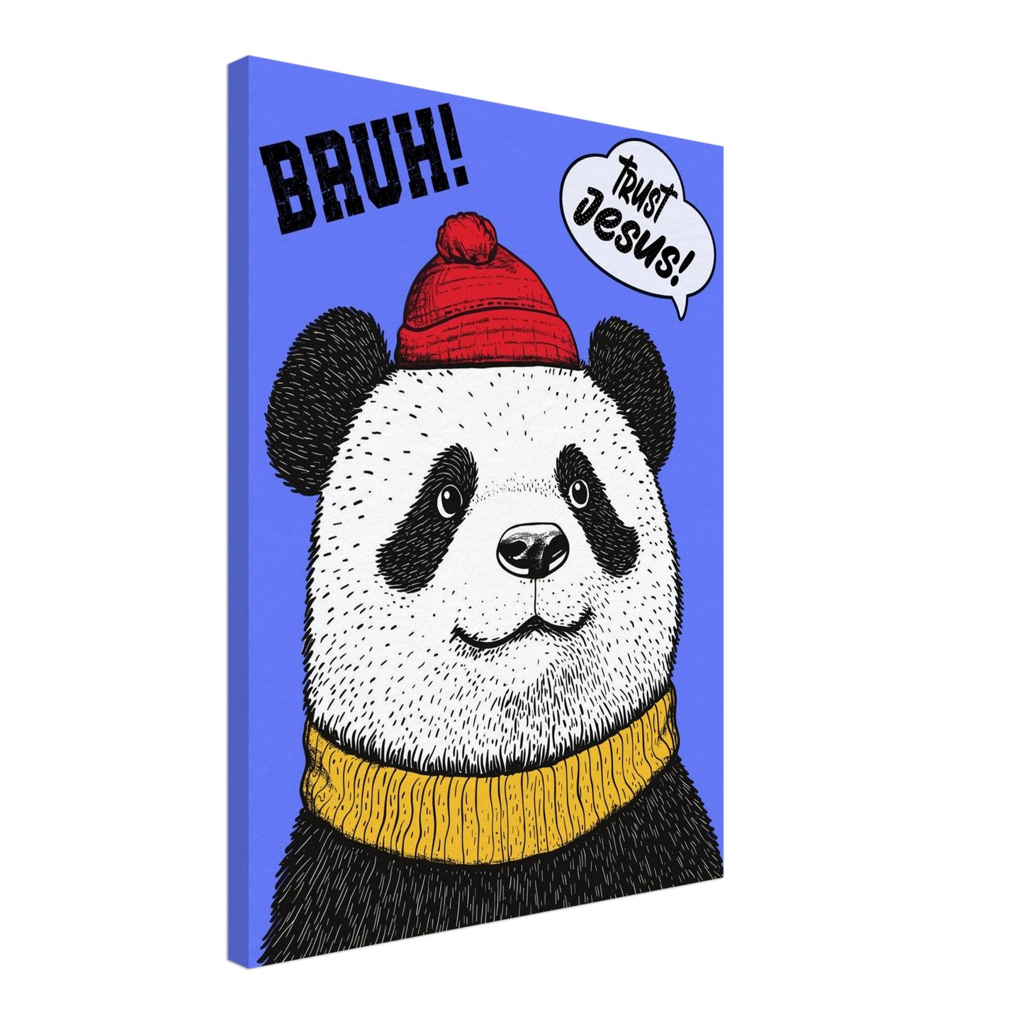 A canvas wall art featuring a cartoon illustration of a panda with a red beanie hat, a yellow scarf, and a speech bubble saying 'Trust Jesus'. The background is blue.