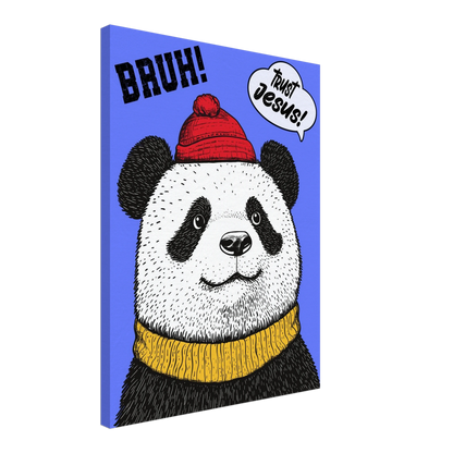 A canvas wall art featuring a cartoon illustration of a panda with a red beanie hat, a yellow scarf, and a speech bubble saying 'Trust Jesus'. The background is blue.