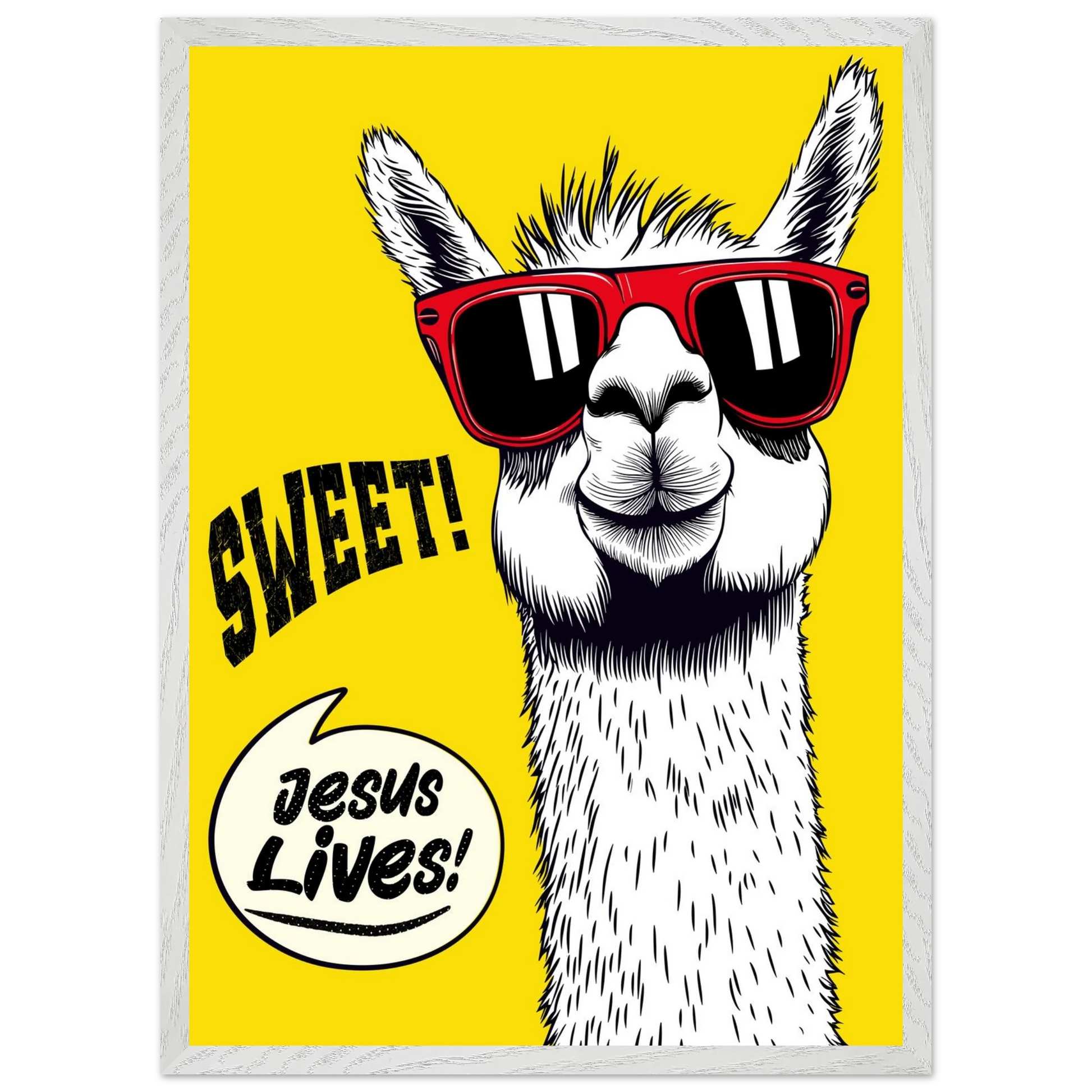 Playful Christian wall art illustration of a white llama wearing red sunglasses on a bright yellow background, with the words SWEET! and Jesus Lives in a speech bubble, framed in grey.