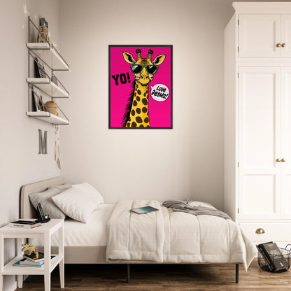 Christian wall art featuring a playful giraffe wearing sunglasses on a bright pink background with the message Love Jesus displayed in a modern and cozy bedroom setting