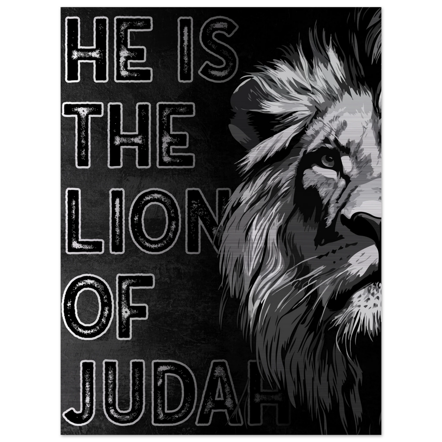 Jesus the Lion of Judah artwork featuring a bold black and white illustrated lion on the right side and distressed block lettering on a dark textured background.