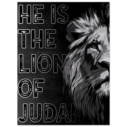 Jesus the Lion of Judah artwork featuring a bold black and white illustrated lion on the right side and distressed block lettering on a dark textured background.