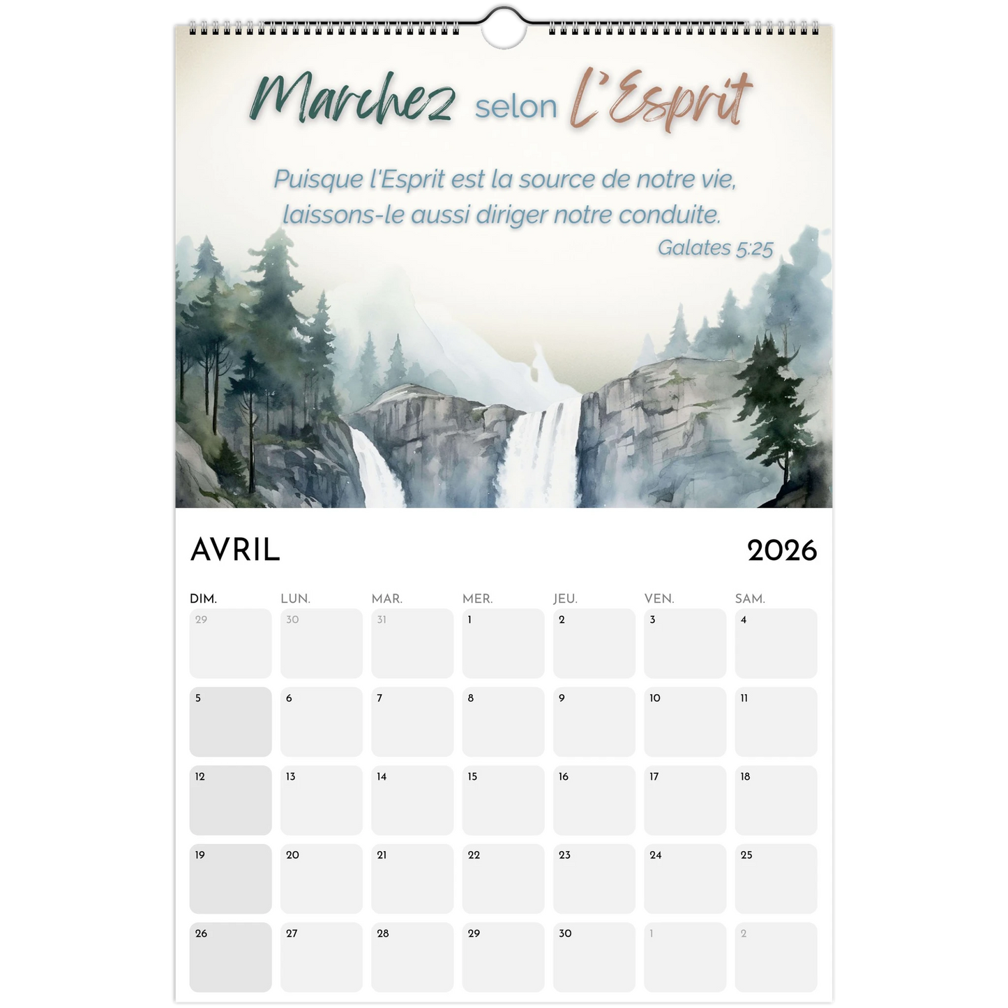Calendar for April 2026 with a mountain and waterfall design on a white background