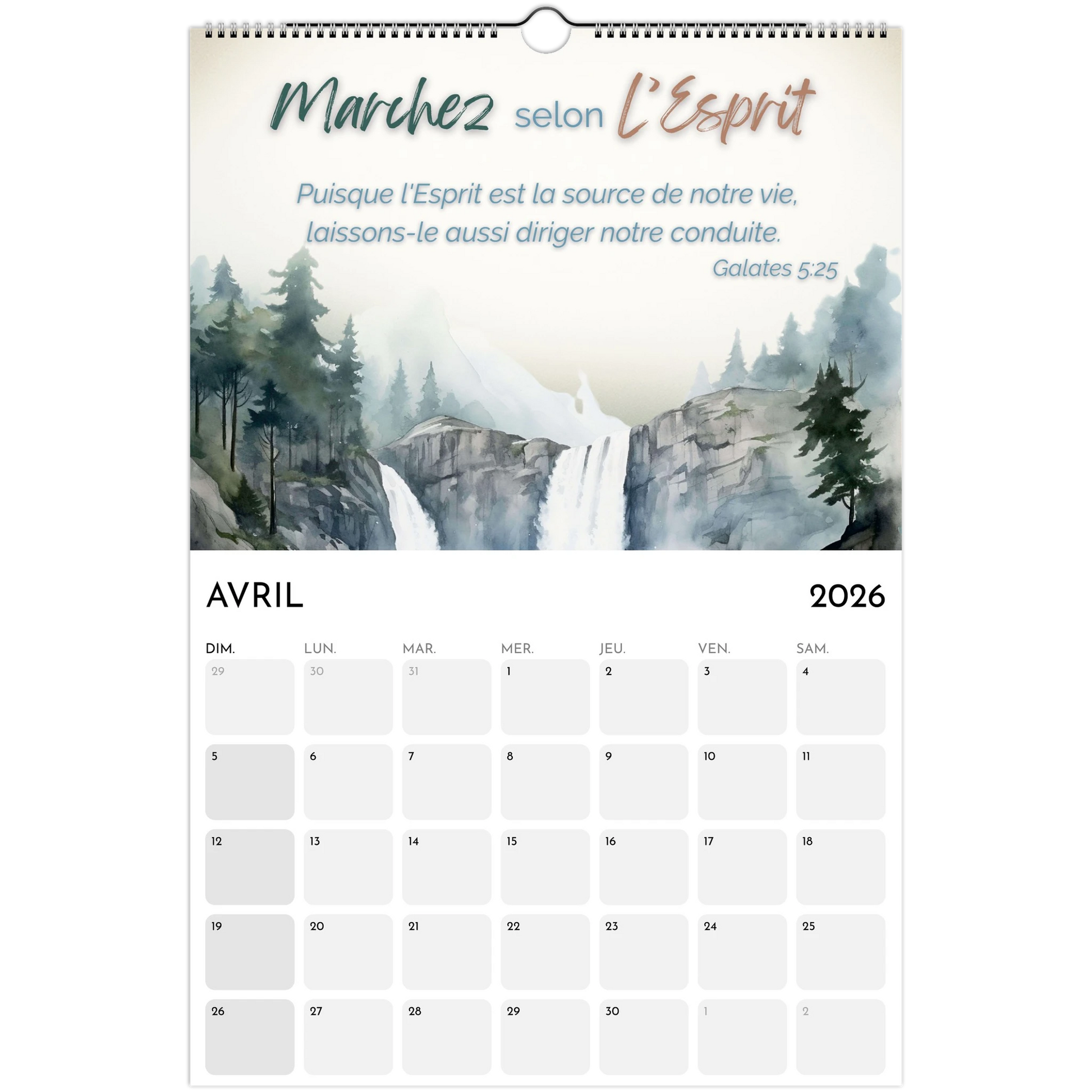 Calendar for April 2026 with a mountain and waterfall design on a white background