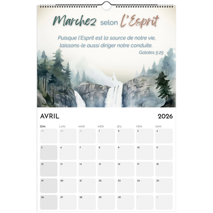 Calendar for April 2026 with a mountain and waterfall design on a white background