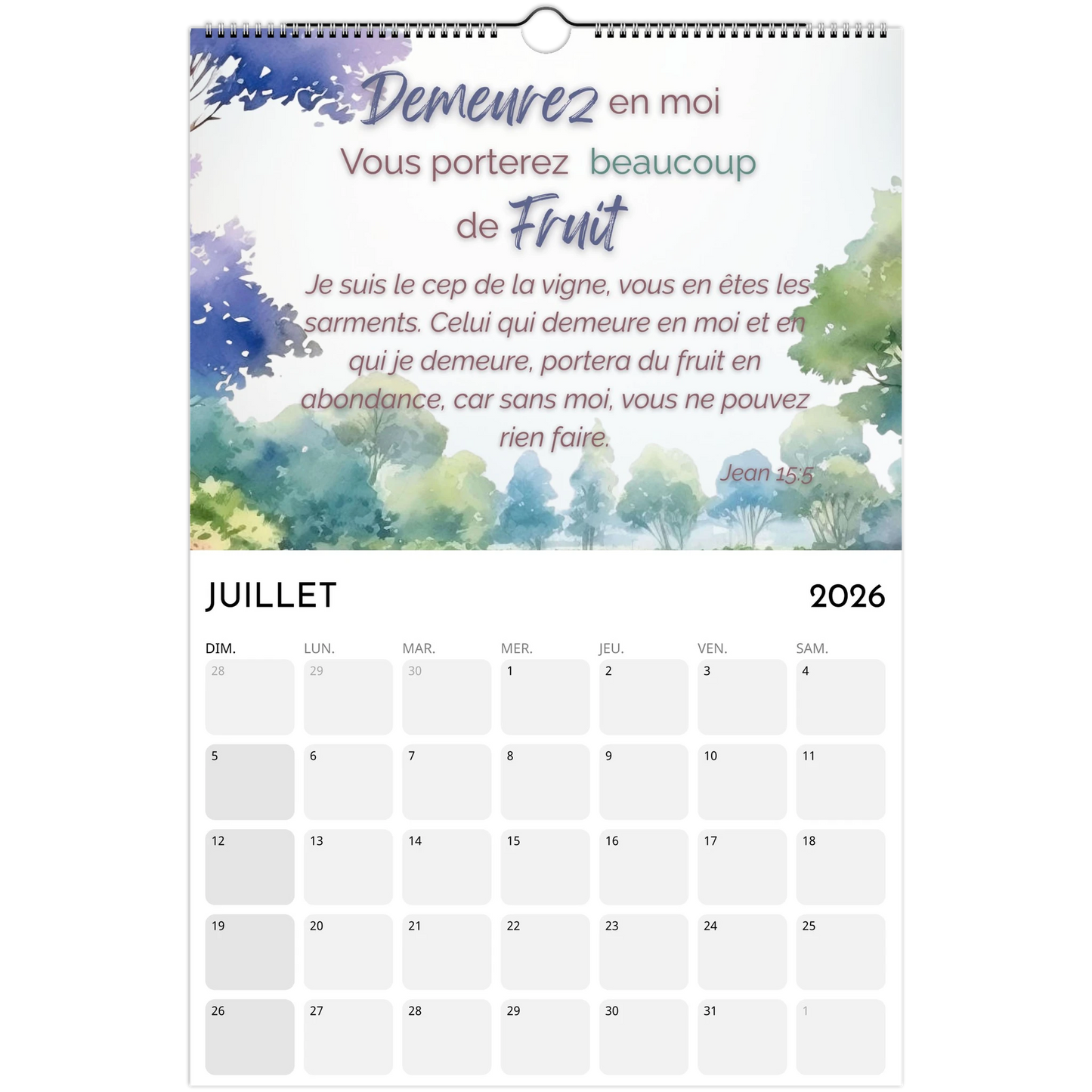 Calendar for July 2026 with nature-themed design and text