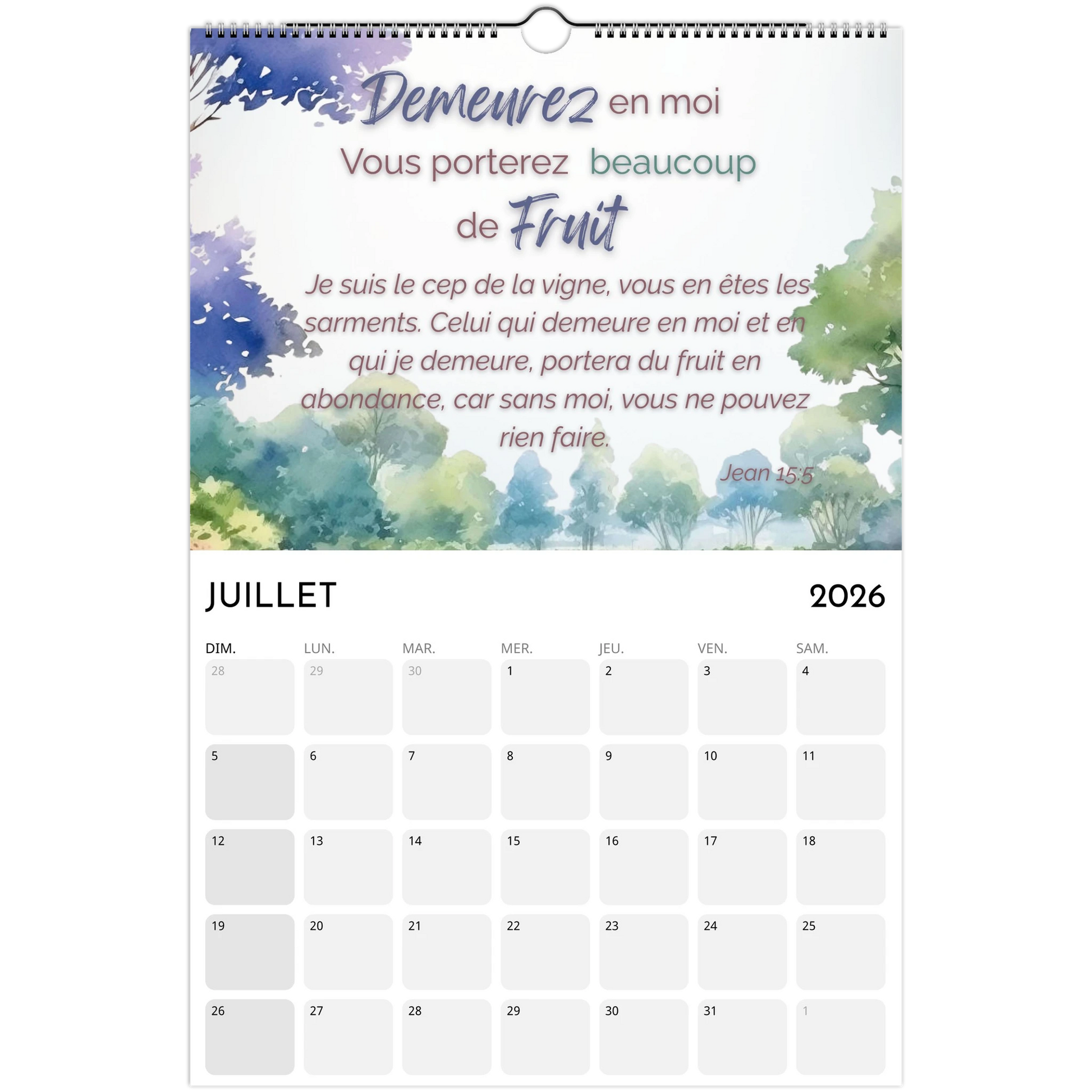 Calendar for July 2026 with nature-themed design and text