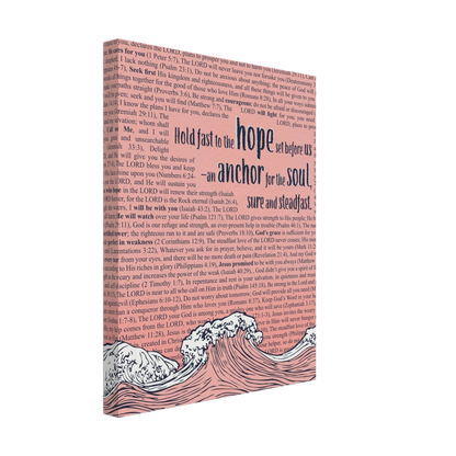 A vertical canvas wall art with a pink background featuring text from Hebrews 6:19 and an illustration of ocean waves with an anchor.