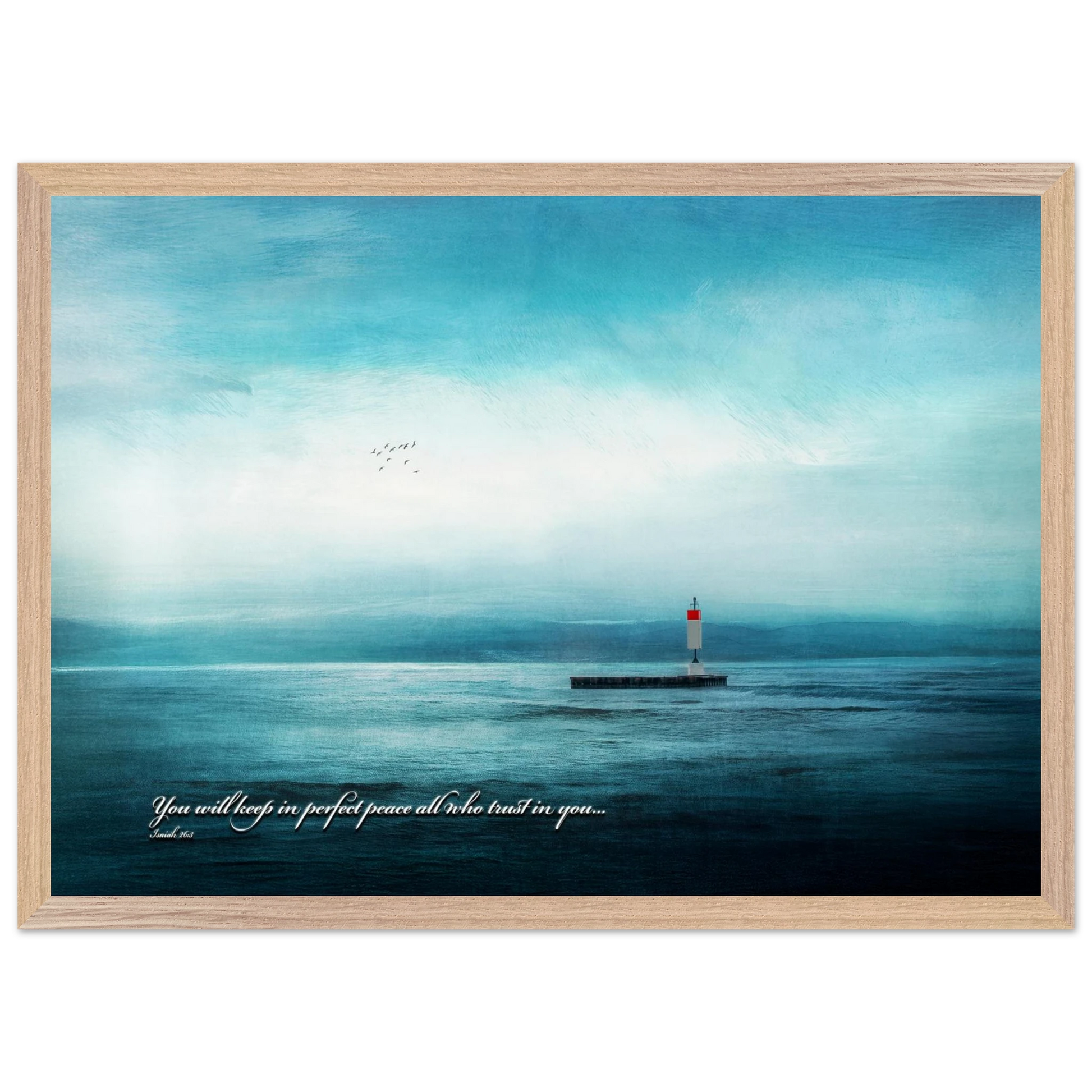 A framed poster featuring a lighthouse in a serene seascape with the text 'You will keep in perfect peace all who trust in you.' from Isaiah 26:3.
