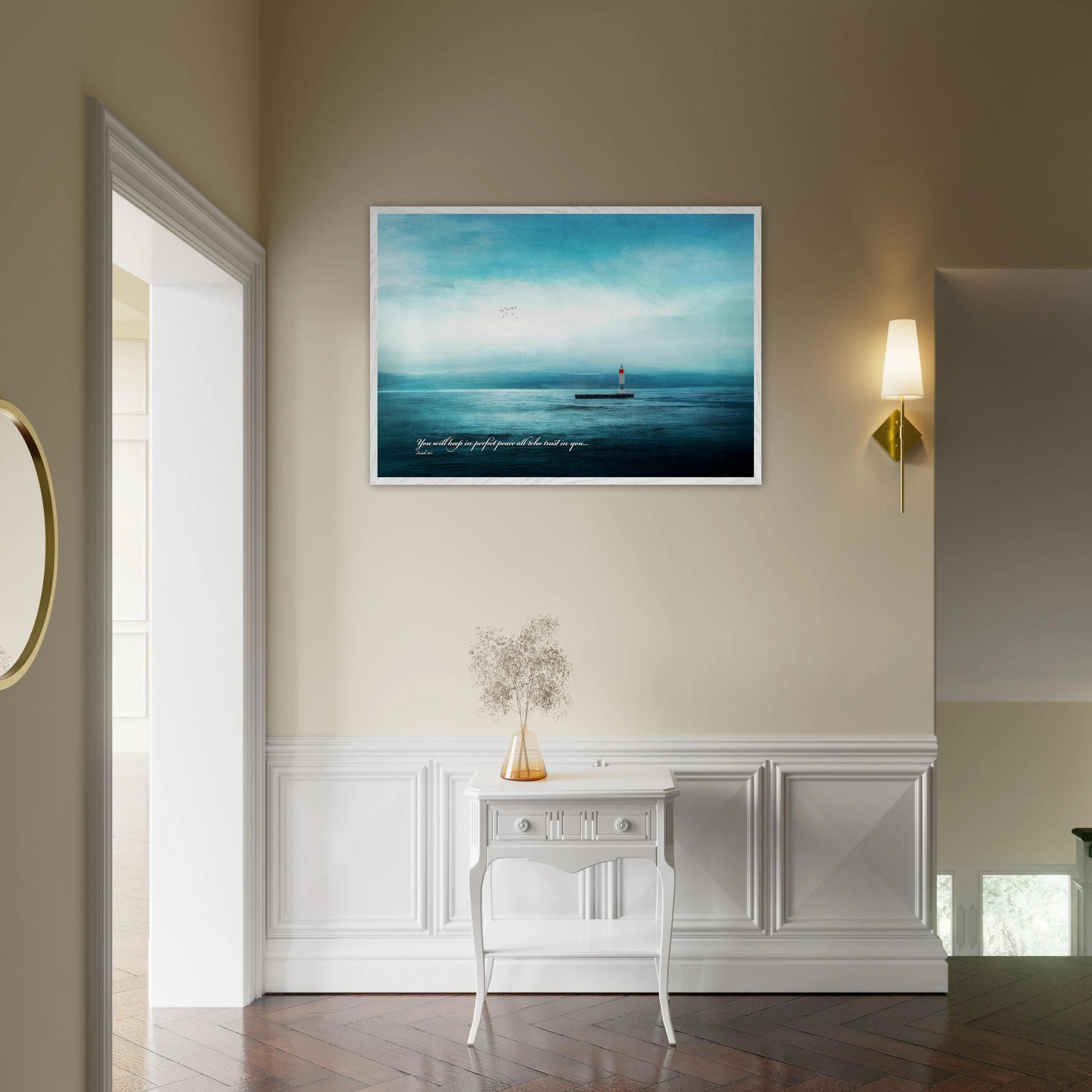 blue ocean lighthouse christian wall art above modern bedroom dresser