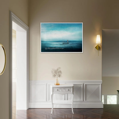 blue ocean lighthouse christian wall art above modern bedroom dresser