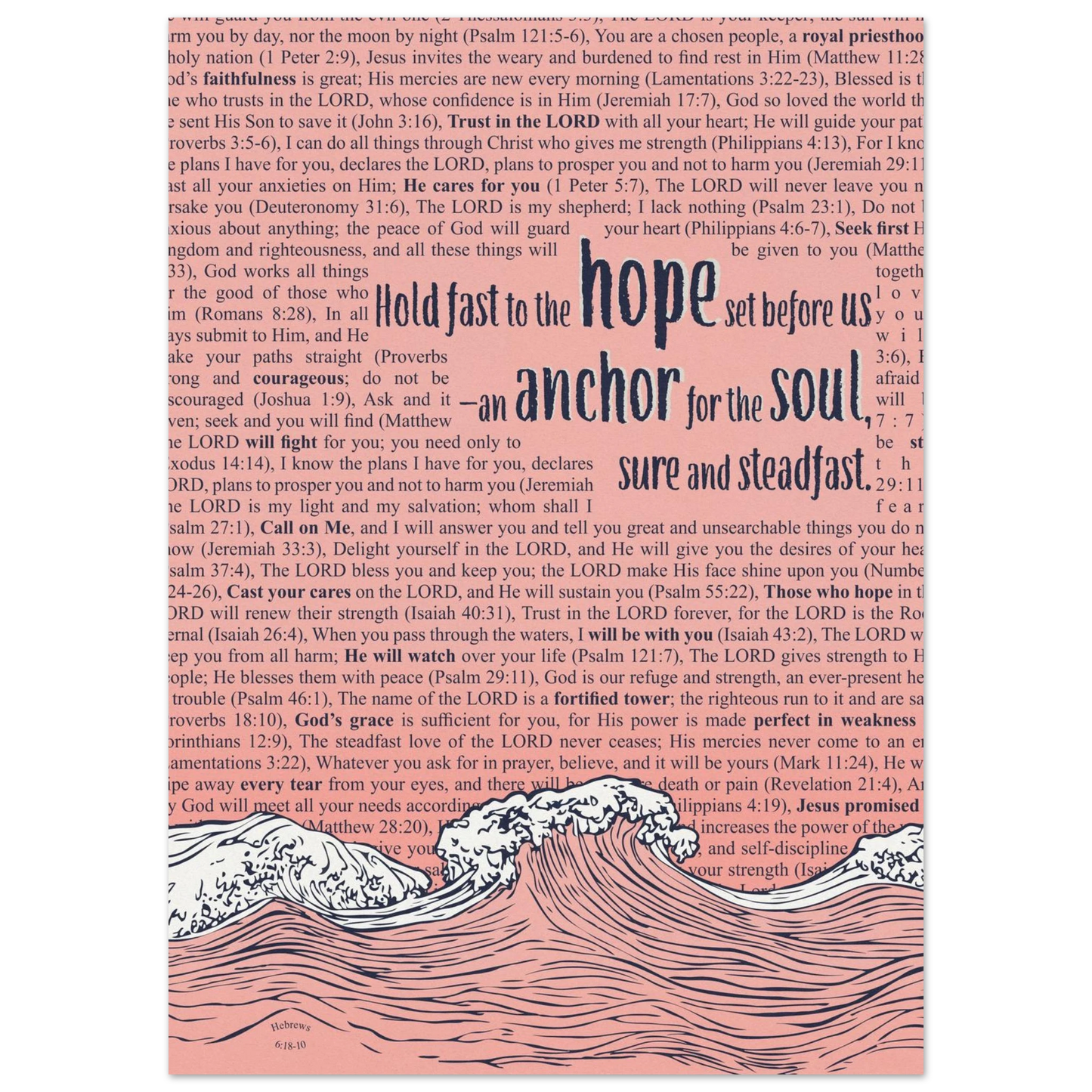 Scripture poster with an anchor design and waves, featuring Hebrews 6:19, with additional Bible verses in pink or blue.