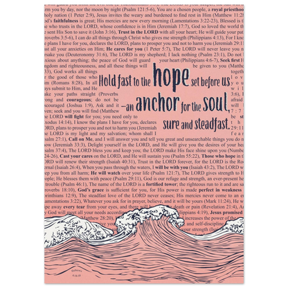 Scripture poster with an anchor design and waves, featuring Hebrews 6:19, with additional Bible verses in pink or blue.