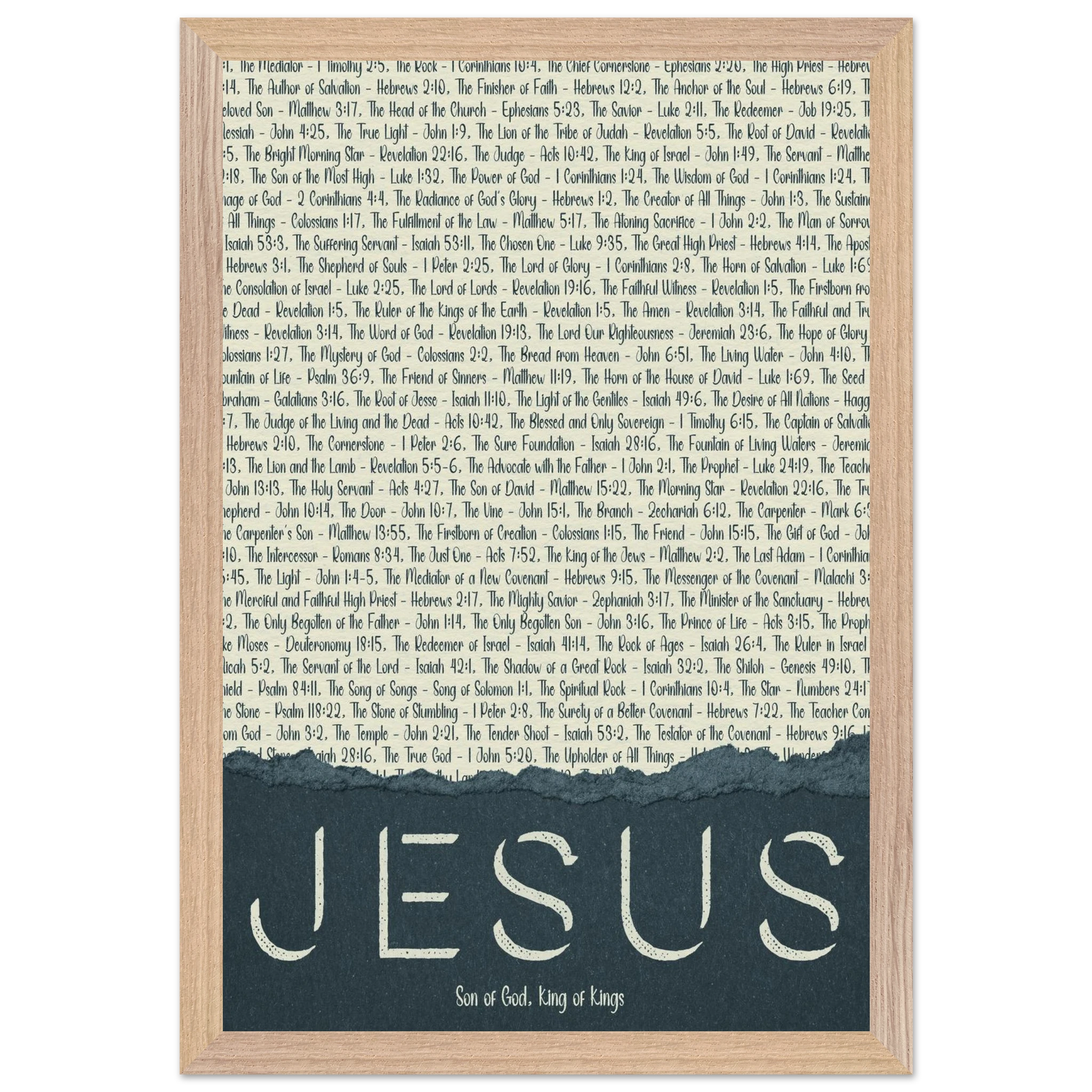 A framed wall art print with the word 'JESUS' in bold lettering, followed by a list of names and scriptures related to Jesus, against a white background 