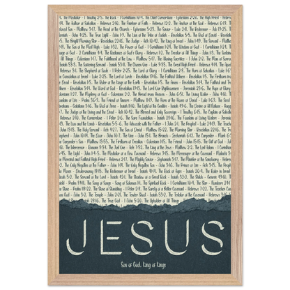A framed wall art print with the word 'JESUS' in bold lettering, followed by a list of names and scriptures related to Jesus, against a white background 