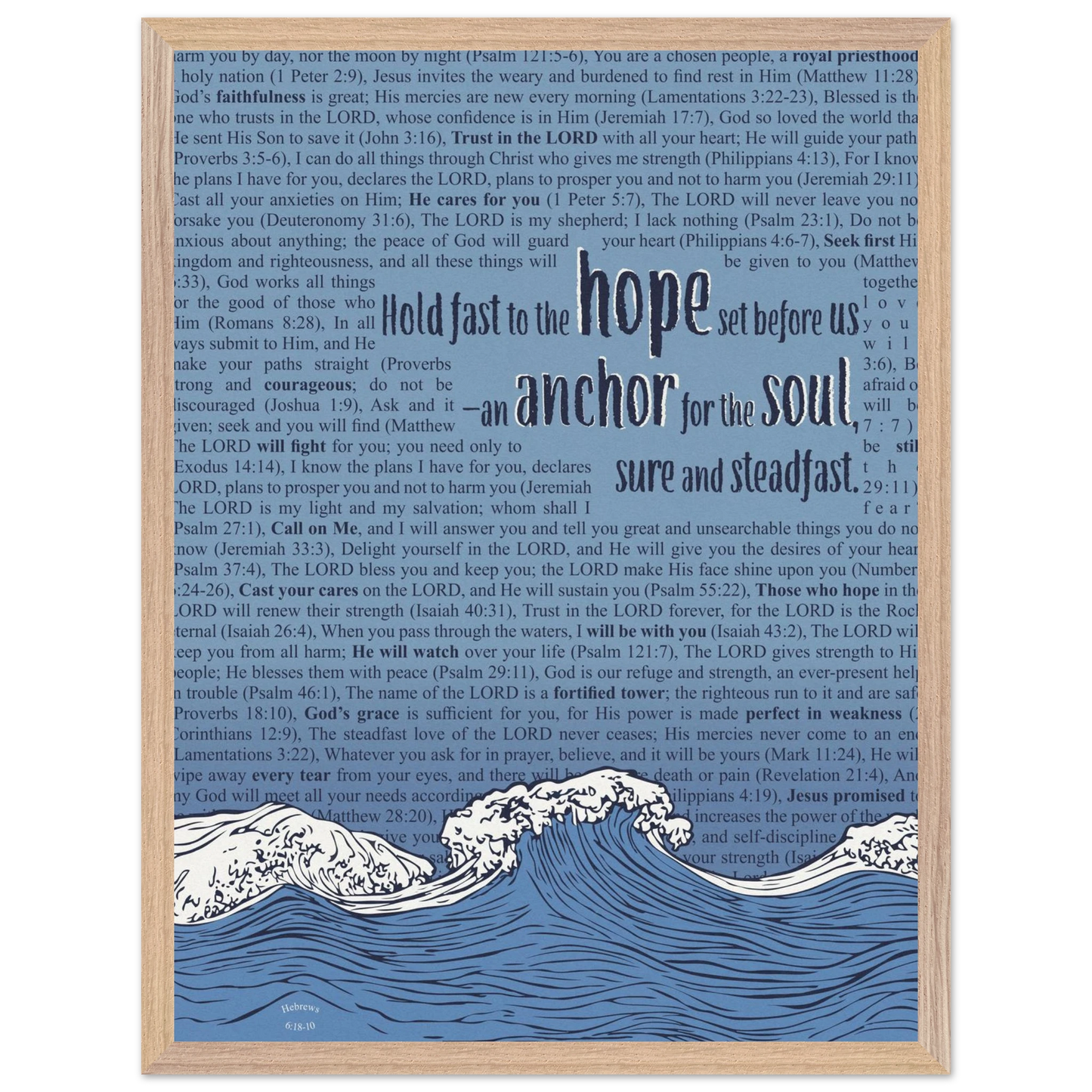 blue christian poster with bible verses in the background featuring a hand drawn wave illustration and the words hold fast to the hope set before us an anchor for the soul sure and steadfast hebrews 6 19