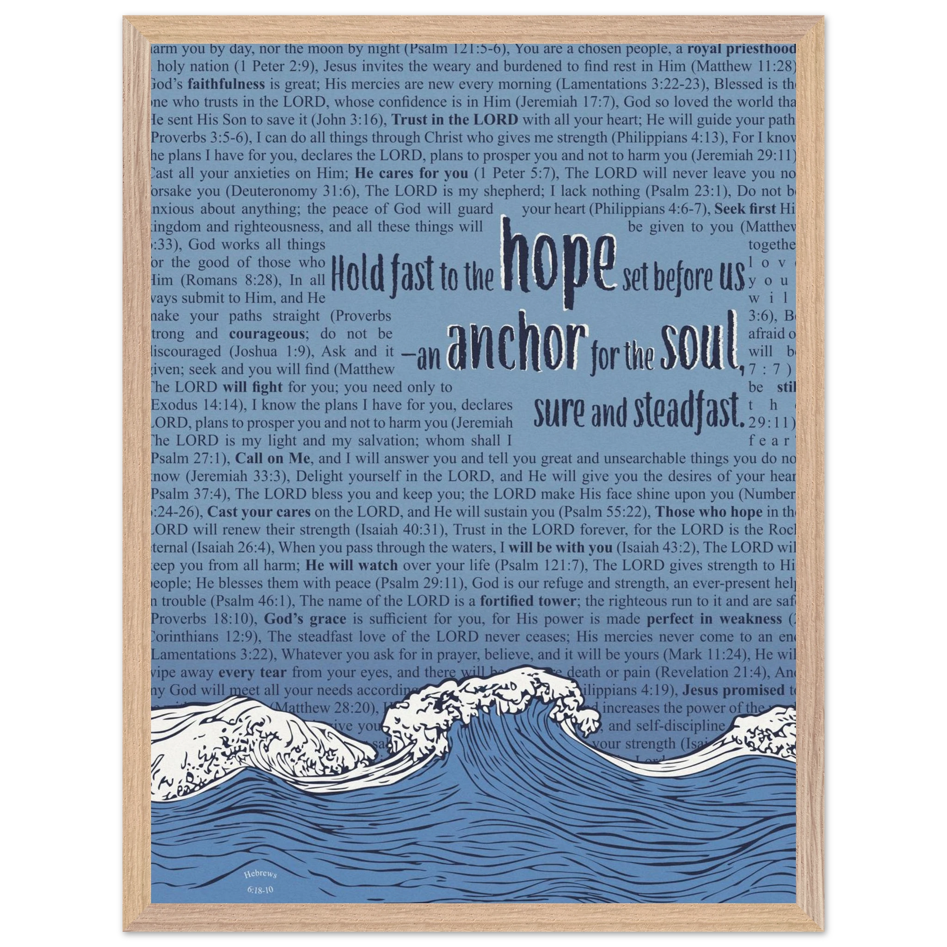 blue christian poster with bible verses in the background featuring a hand drawn wave illustration and the words hold fast to the hope set before us an anchor for the soul sure and steadfast hebrews 6 19