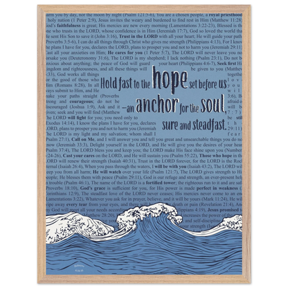 blue christian poster with bible verses in the background featuring a hand drawn wave illustration and the words hold fast to the hope set before us an anchor for the soul sure and steadfast hebrews 6 19