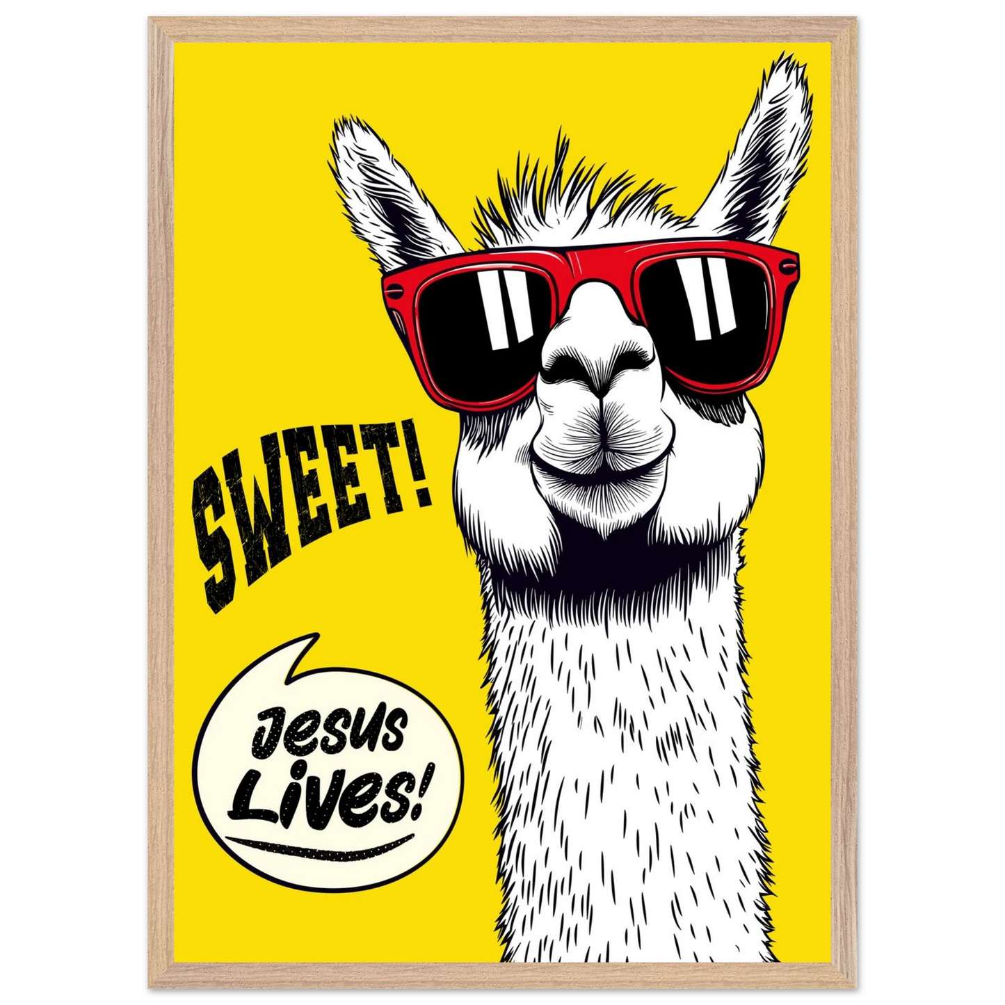 Playful Christian wall art illustration of a white llama wearing red sunglasses on a bright yellow background, with the words SWEET! and Jesus Lives in a speech bubble, framed.