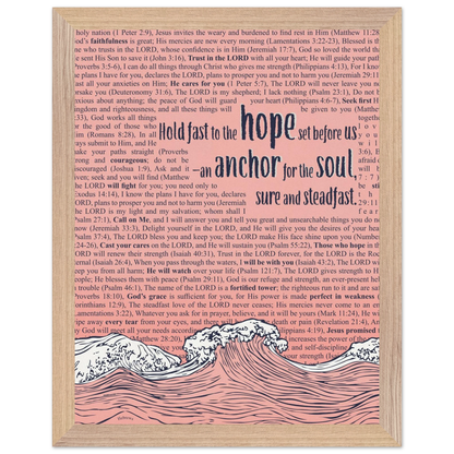 pink christian poster with bible verses in the background featuring a hand drawn wave illustration and the words hold fast to the hope set before us an anchor for the soul sure and steadfast hebrews 6 19