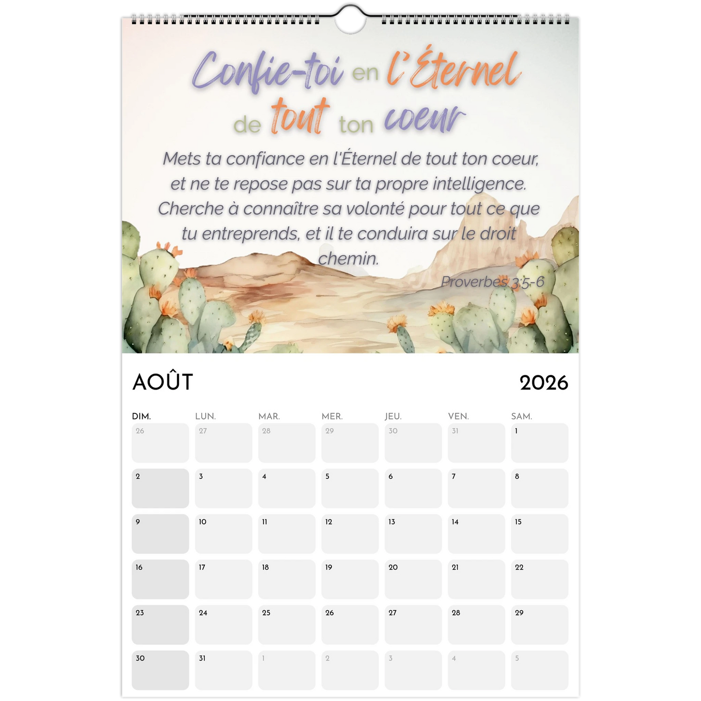 Calendar page for August 2026 with cactus illustration and motivational quote