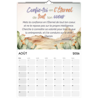 Calendar page for August 2026 with cactus illustration and motivational quote