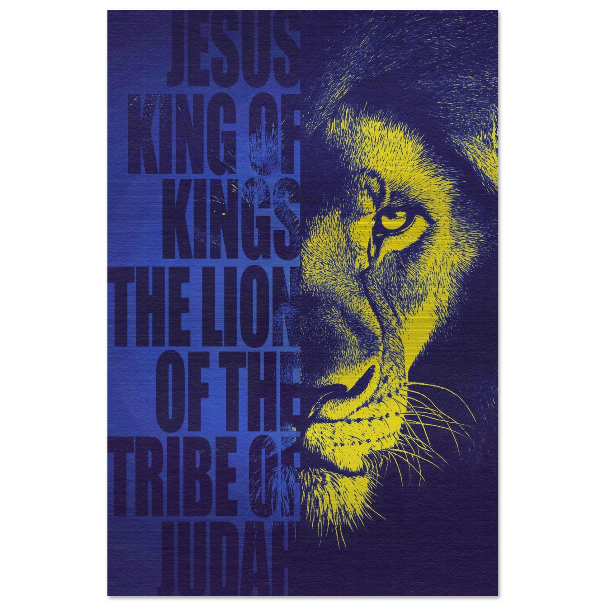A brushed aluminum print featuring a black and white image of a lion's face with the text 'Jesus, King of Kings, The Lion of the Tribe of Judah'.