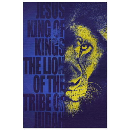 A brushed aluminum print featuring a black and white image of a lion's face with the text 'Jesus, King of Kings, The Lion of the Tribe of Judah'.