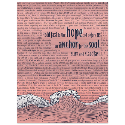 A metal print with a wave and anchor design featuring Bible verses in the background, predominantly in pink and silver colors.
