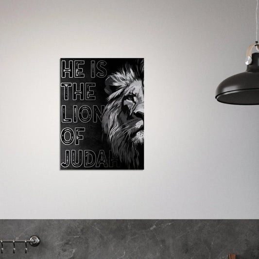 Black and white Lion of Judah wall art featuring a powerful lion illustration and bold lettering, displayed in a modern minimalist room with grey accents.