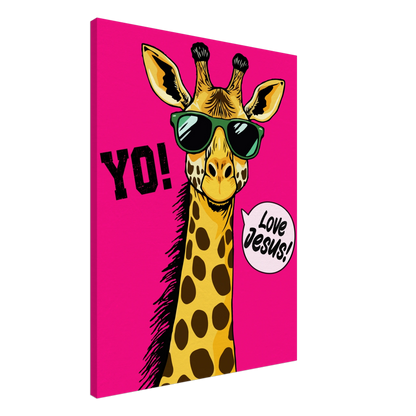 A vibrant pink canva featuring a cartoon giraffe with sunglasses and a speech bubble with the phrase 'Love Jesus!' The giraffe is the central figure against a vivid pink background.