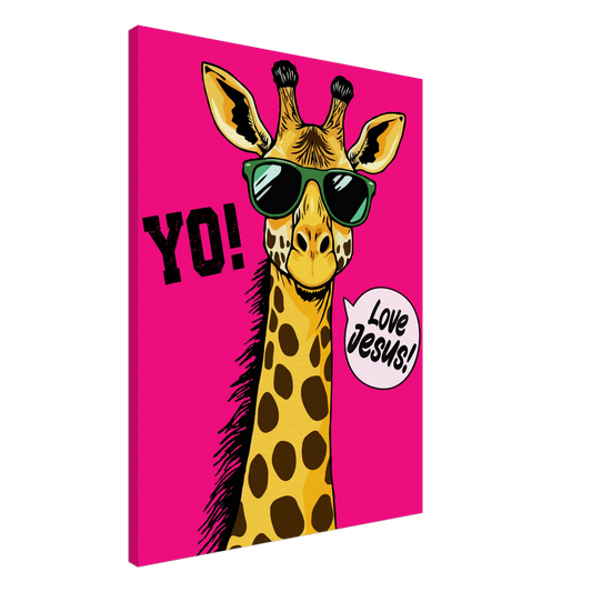 A vibrant pink canva featuring a cartoon giraffe with sunglasses and a speech bubble with the phrase 'Love Jesus!' The giraffe is the central figure against a vivid pink background.