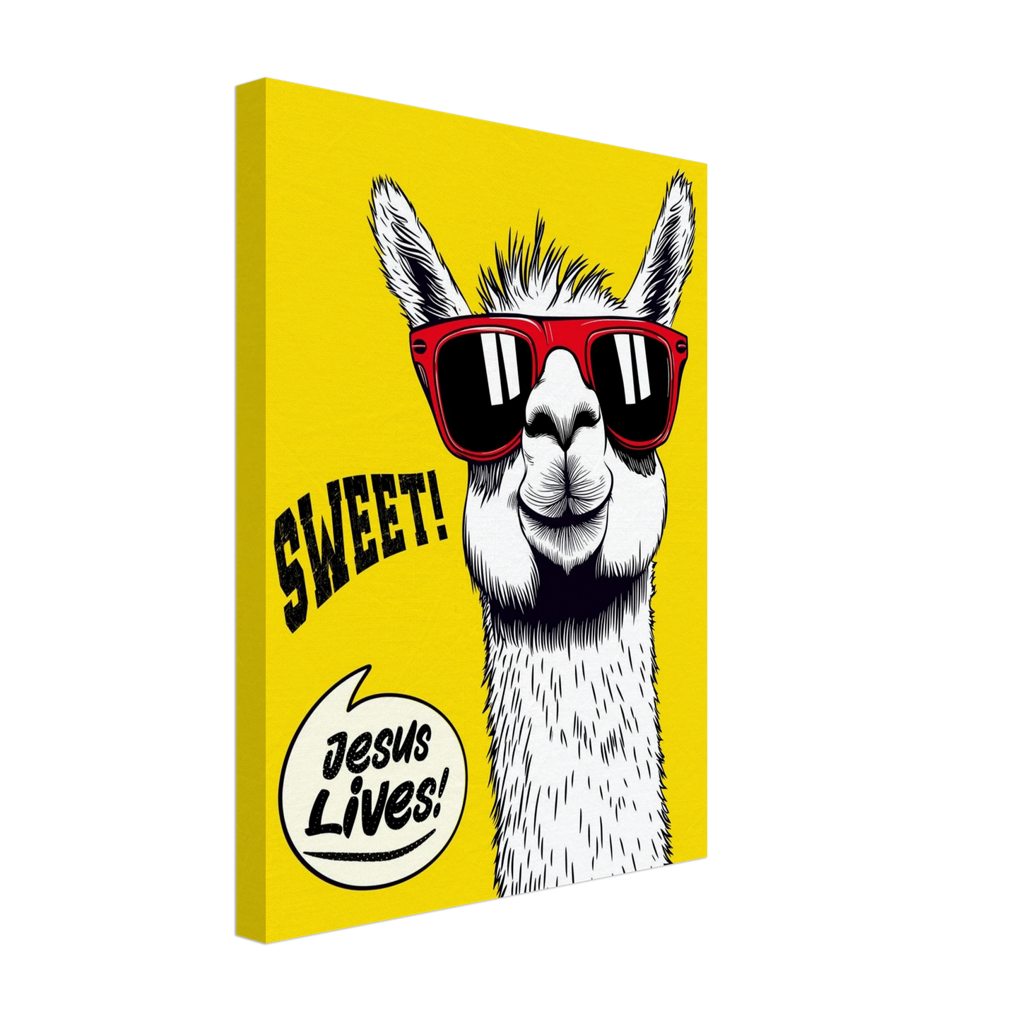A vibrant canvas wall art featuring a cartoon llama with sunglasses against a yellow background, with the text 'Sweet! Jesus Lives!'.